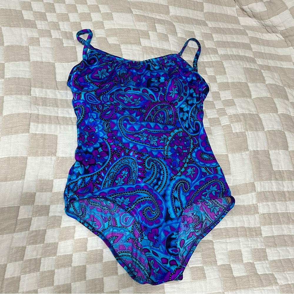 Vtg Maxine of Hollywood Paisley Floral One Piece Swimsuit in Purple & Blue